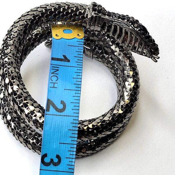 Vintage Mesh Black Rhinestone 3 Coil Serpent SIlver Snake Bracelet - Picture 5 of 12